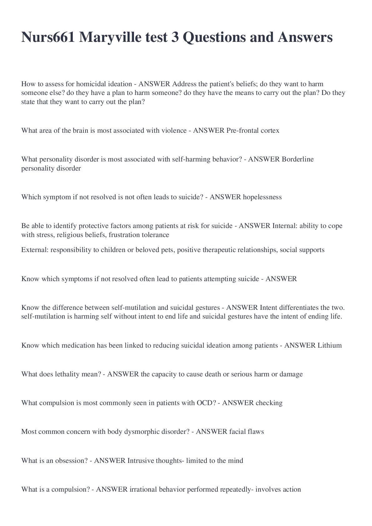 Preview of Nurs661 Maryville test 3 Questions and Answers